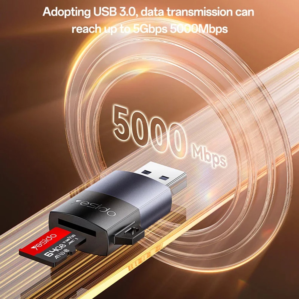 Yesido - Card Reader (gs36) - USB, High-Speed, Aluminum Alloy, Support 1tb, Plug And Play, Tf Card - Black - Image 6