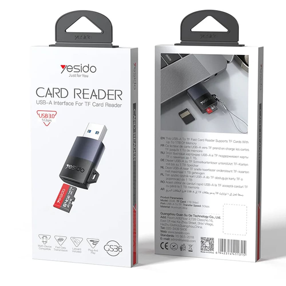 Yesido - Card Reader (gs36) - USB, High-Speed, Aluminum Alloy, Support 1tb, Plug And Play, Tf Card - Black - Image 7