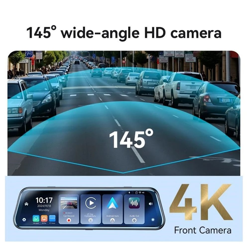 Yesido - Rearview Mirror With Dash Cam (km24) - Carplay, Android Auto, Airplay, Bt5.2, Adjustable Camera - Black - Image 4