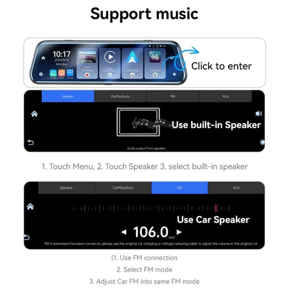 Yesido - Rearview Mirror With Dash Cam (km24) - Carplay, Android Auto, Airplay, Bt5.2, Adjustable Camera - Black - Image 8
