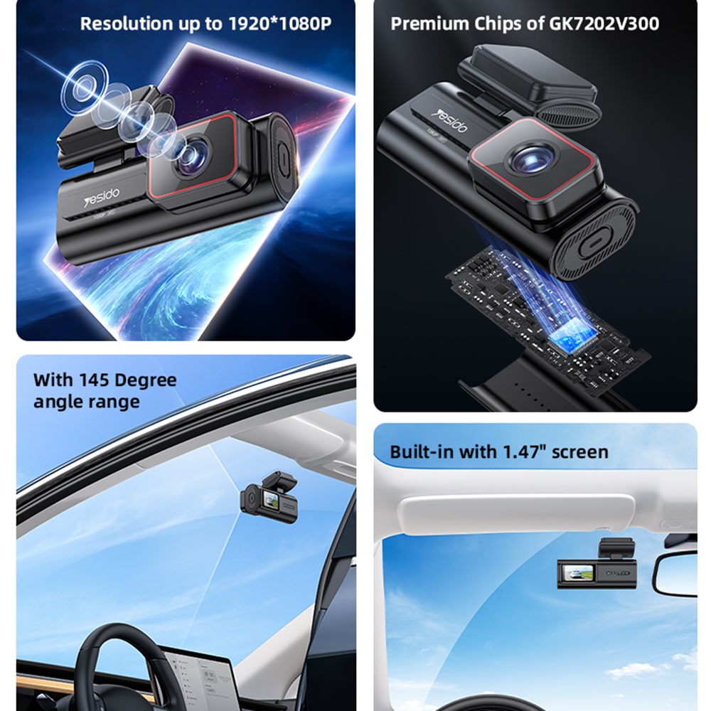 Yesido - Dash Camera (km21) - Full Hd 1080p, 145° Angle Range, 1.47" Ips Built-In Screen - Black - Image 3