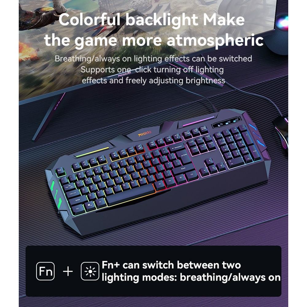 Yesido - Wireless Keyboard (kb21) - For Gaming, Mechanical, Wired, With Rgb Light, 104 Full-Key Layout, 1.5m - Black - Image 8