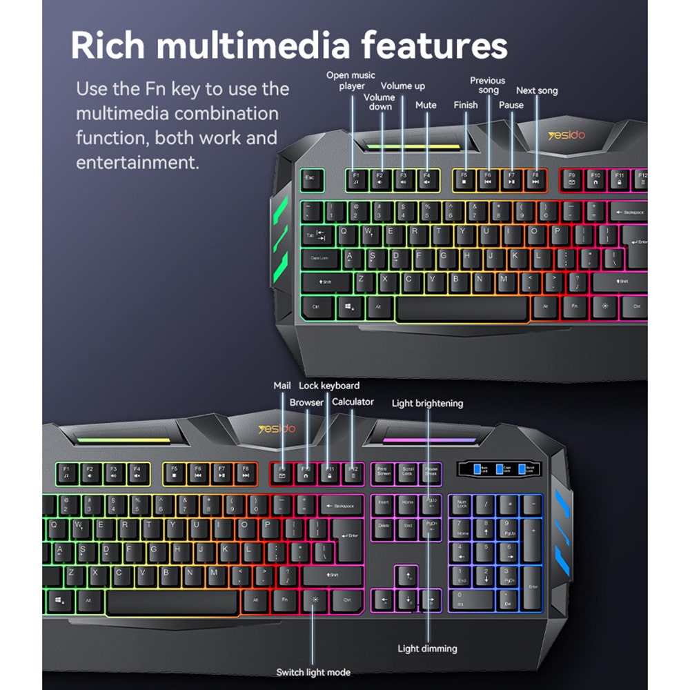 Yesido - Wireless Keyboard (kb21) - For Gaming, Mechanical, Wired, With Rgb Light, 104 Full-Key Layout, 1.5m - Black - Image 7