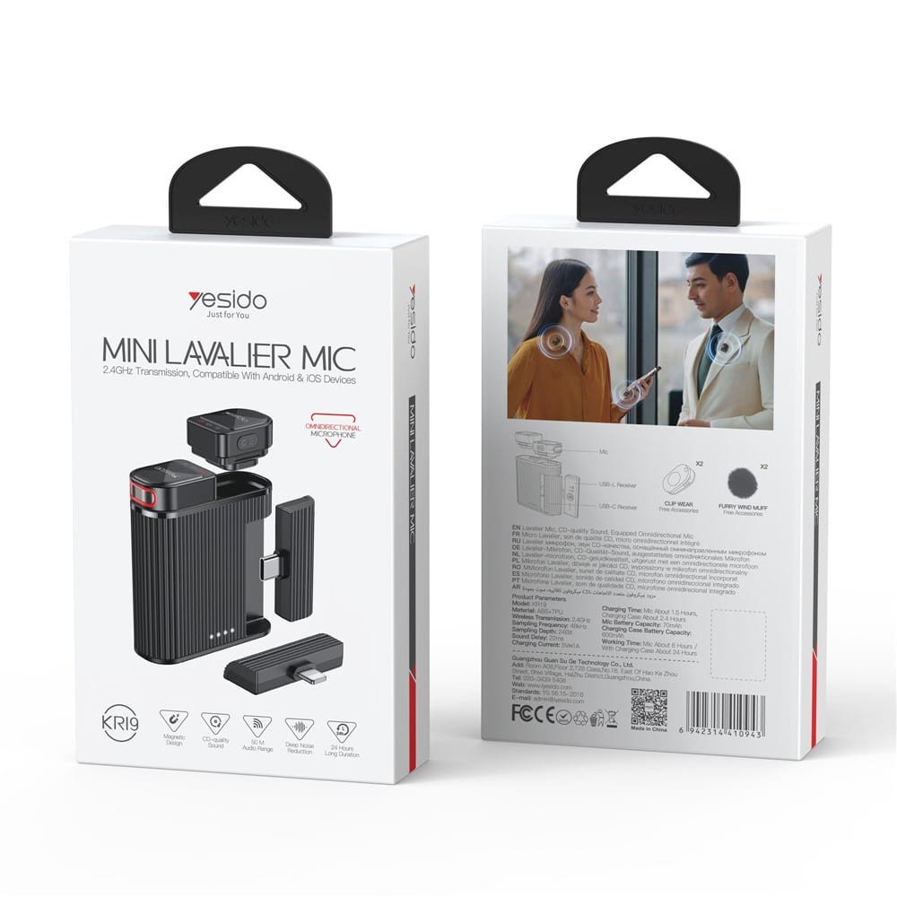Yesido - Lavalier Microphone 2in1 (kr19) - Magnetic Button, Cd-Quality Audio, 360° Omnidirectional, 600mah, 2.4ghz - Black - Image 12