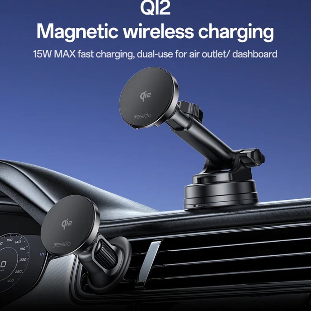 Yesido - Car Holder With Wireless Charging (ds30) - For Dashboard, Type-C, 15w, Qi2.0 - Black - Image 2