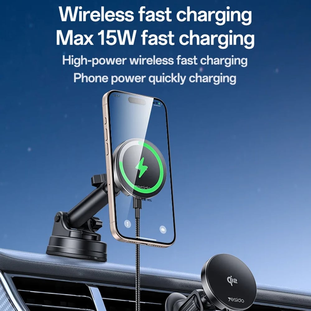 Yesido - Car Holder With Wireless Charging (ds30) - For Dashboard, Type-C, 15w, Qi2.0 - Black - Image 6
