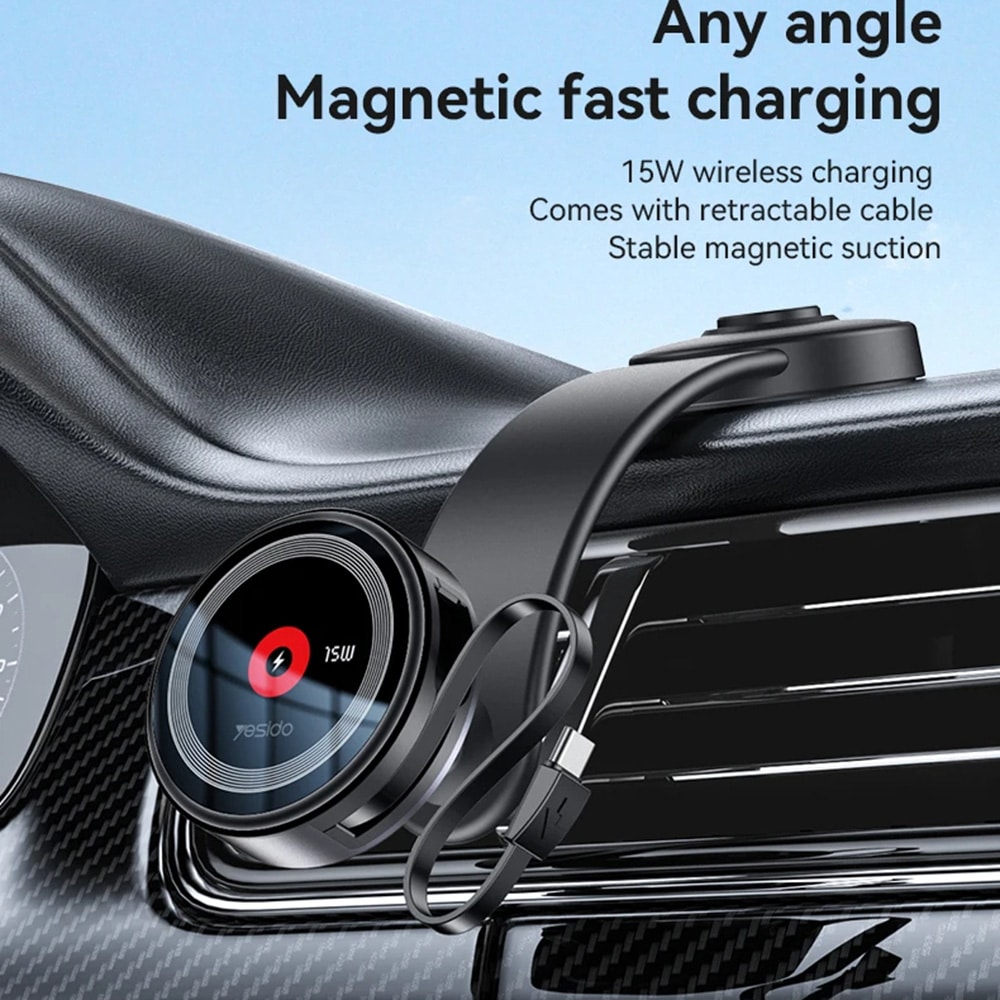 Yesido - Car Holder With Wireless Charging (c314) - For Dashboard, With Retractable Καλώδιο, Type-C, N52 Magnets, 15w - Black - Image 3