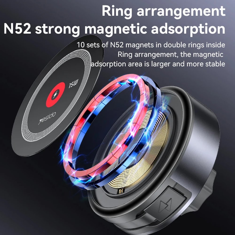 Yesido - Car Holder With Wireless Charging (c314) - For Dashboard, With Retractable Καλώδιο, Type-C, N52 Magnets, 15w - Black - Image 4