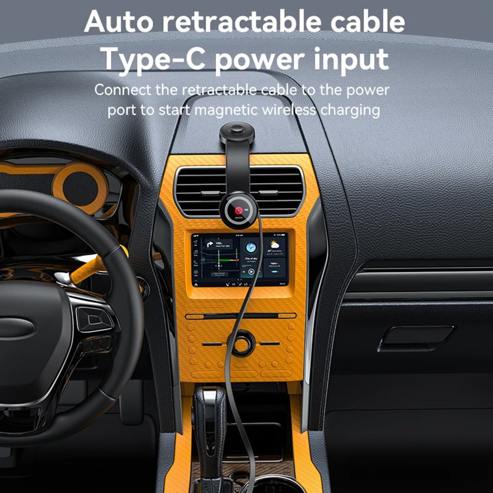 Yesido - Car Holder With Wireless Charging (c314) - For Dashboard, With Retractable Καλώδιο, Type-C, N52 Magnets, 15w - Black - Image 2