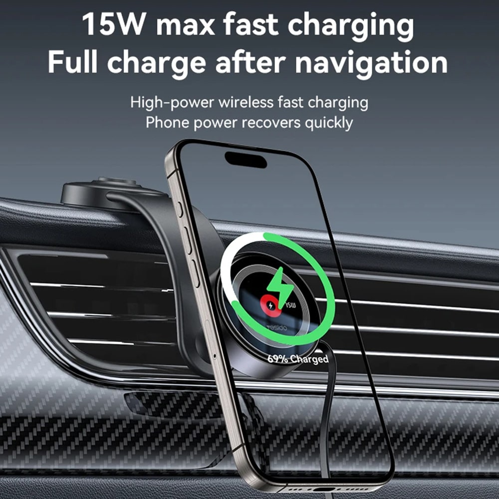 Yesido - Car Holder With Wireless Charging (c314) - For Dashboard, With Retractable Καλώδιο, Type-C, N52 Magnets, 15w - Black - Image 5