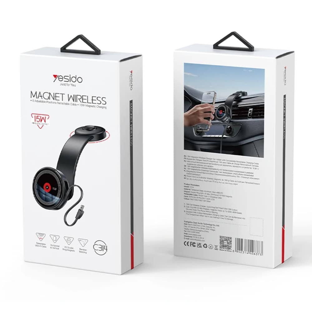 Yesido - Car Holder With Wireless Charging (c314) - For Dashboard, With Retractable Καλώδιο, Type-C, N52 Magnets, 15w - Black - Image 8
