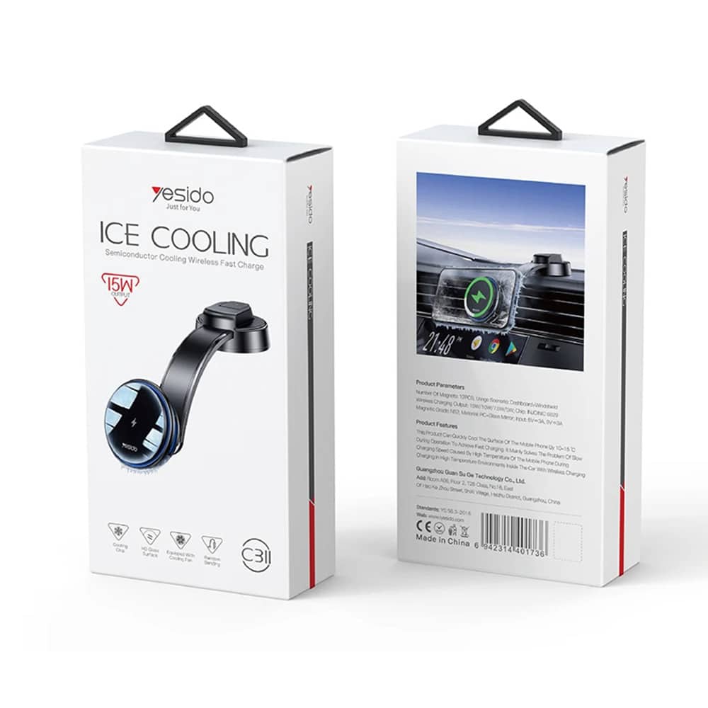 Yesido - Car Holder With Wireless Charging (c311) - For Dash, Semiconductor, Powerful Cooling, 2x Ambient Lights, 15w - Black - Image 7