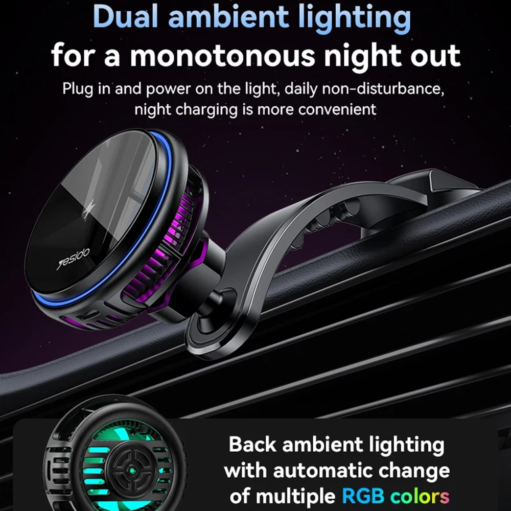 Yesido - Car Holder With Wireless Charging (c311) - For Dash, Semiconductor, Powerful Cooling, 2x Ambient Lights, 15w - Black - Image 5