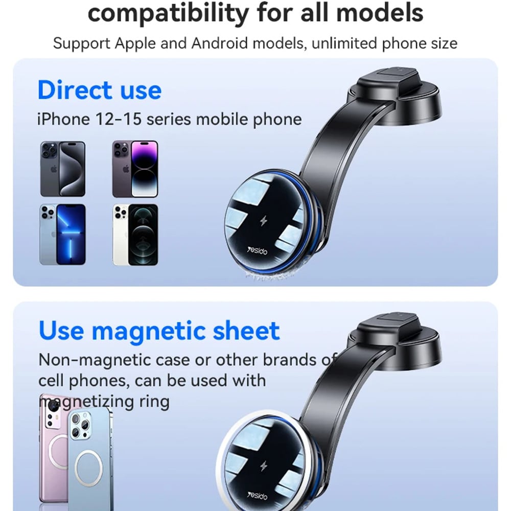 Yesido - Car Holder With Wireless Charging (c311) - For Dash, Semiconductor, Powerful Cooling, 2x Ambient Lights, 15w - Black - Image 6