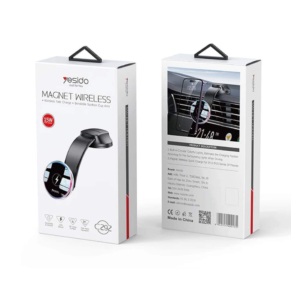 Yesido - Car Holder With Wireless Charging (c292) - For Dashboard/windshield, Led Indicator, Bendable Clamp Arm, 15w - Black - Image 5