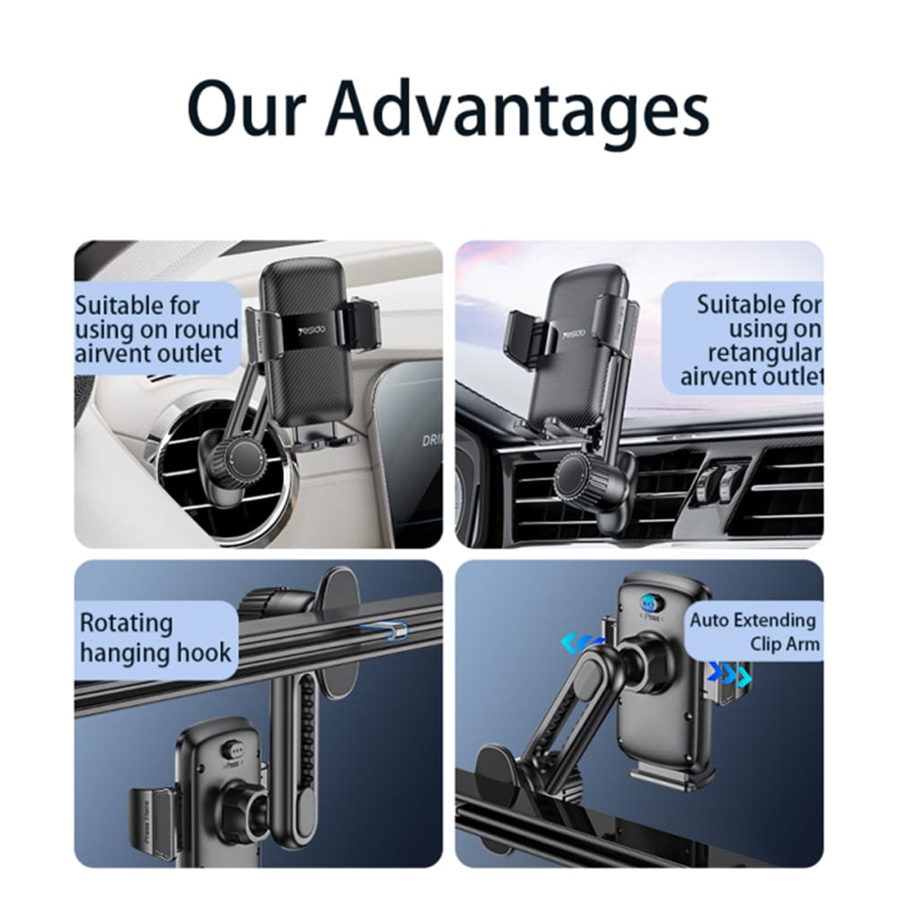 Yesido - Car Holder (c242) - For Air Vent, With Auto Extending Clip By Switch Button, Telescopic Arm - Black - Image 2