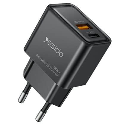 Yesido - Φορτιστής Τοίχου (yc64) - Διπλή Θύρα Type-C + USB-A, Γρήγορη Φόρτιση, Τεχνολογία Gan, Pd30w - Μαύρος