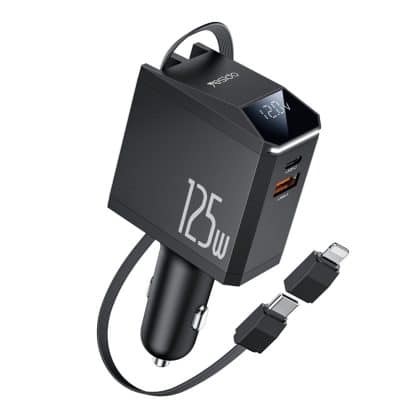 Yesido - 4in1 Car Charger (y71) - With Type-C Retractable Καλώδιο + Lightning Adapter, Dual Port USB-A + Type-C, 125w, Led Display - Black