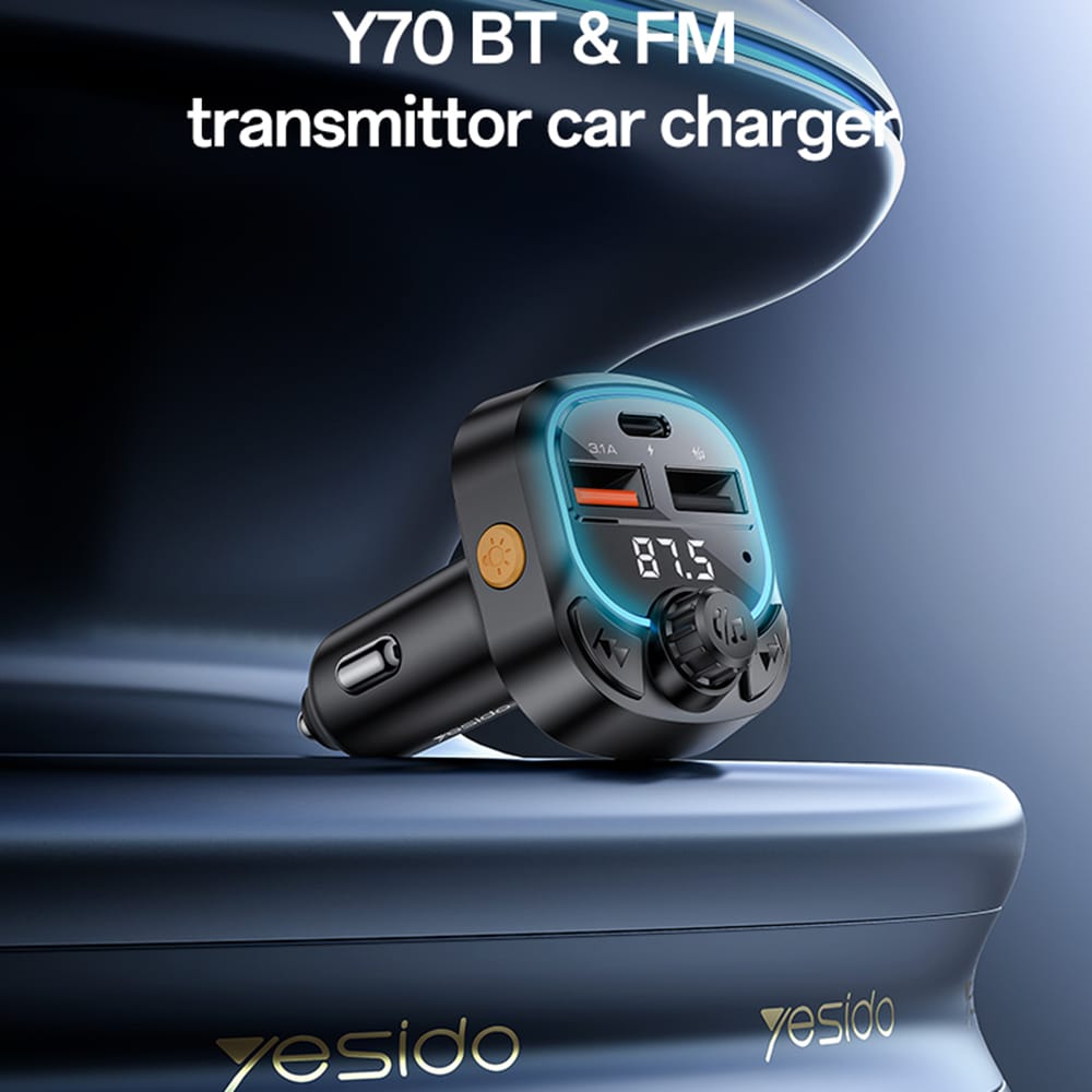 Yesido - Car Charger (y70) - With Fm Transmitter, Dual-Port USB-C + USB-A, Bluetooth 5.3, 15w - Black - Image 2
