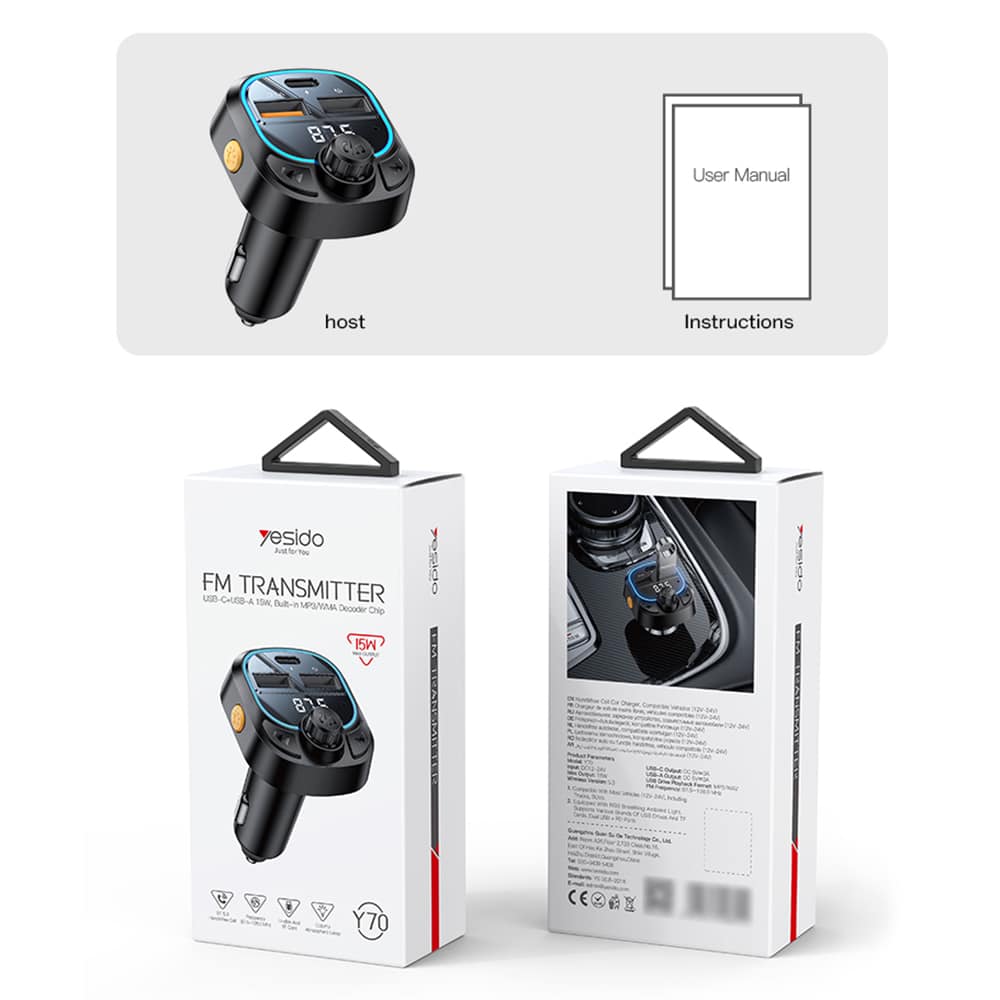 Yesido - Car Charger (y70) - With Fm Transmitter, Dual-Port USB-C + USB-A, Bluetooth 5.3, 15w - Black - Image 6