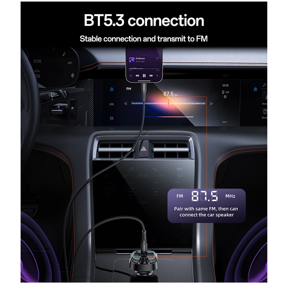 Yesido - Car Charger (y70) - With Fm Transmitter, Dual-Port USB-C + USB-A, Bluetooth 5.3, 15w - Black - Image 3