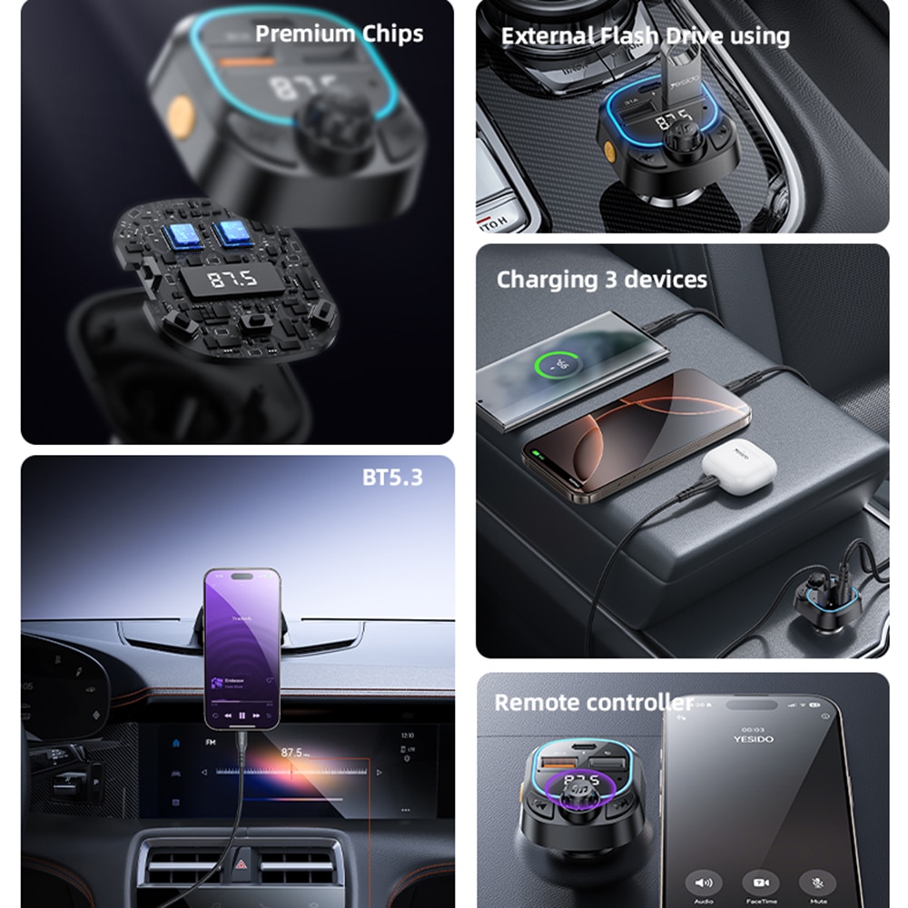 Yesido - Car Charger (y70) - With Fm Transmitter, Dual-Port USB-C + USB-A, Bluetooth 5.3, 15w - Black - Image 4