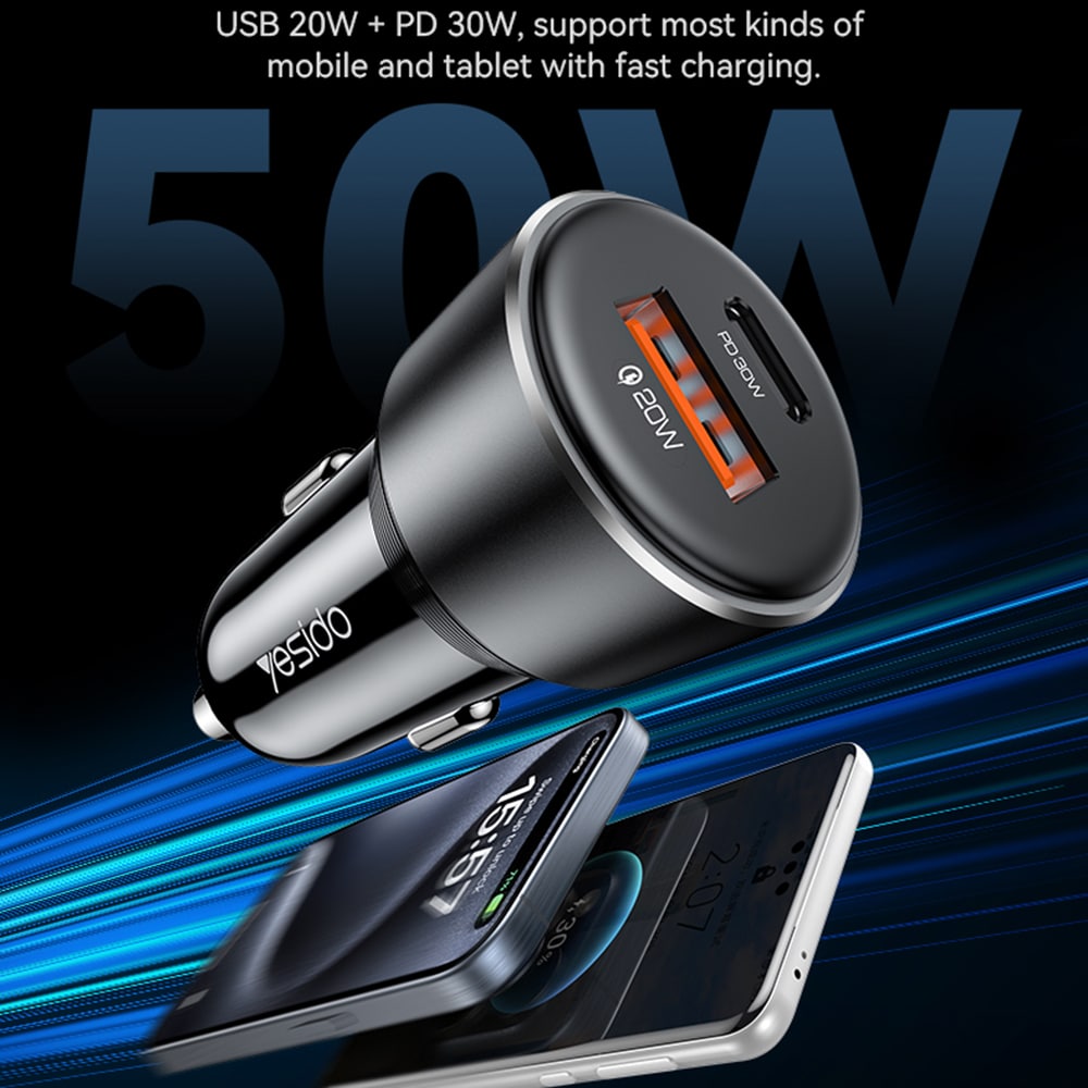 Yesido - Car Charger (y64) - Dual-Port USB-A + Type-C, 50w, Multi Protection, Fast Charging - Black - Image 2