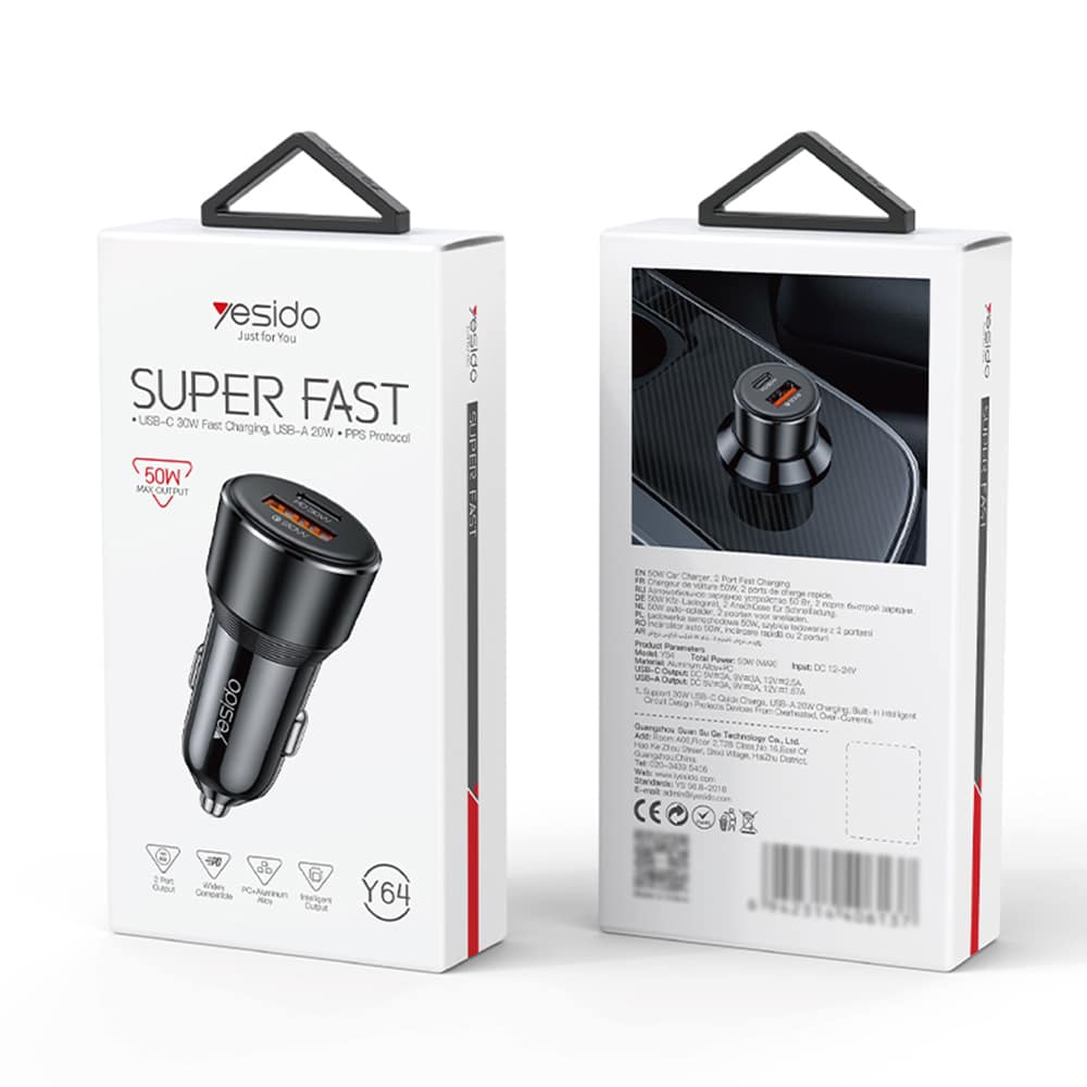 Yesido - Car Charger (y64) - Dual-Port USB-A + Type-C, 50w, Multi Protection, Fast Charging - Black - Image 6