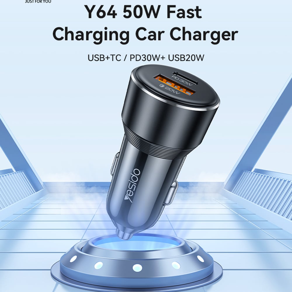 Yesido - Car Charger (y64) - Dual-Port USB-A + Type-C, 50w, Multi Protection, Fast Charging - Black - Image 3