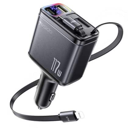 Yesido - 4in1 Car Charger (y63) - With 2x Retractable Καλώδιο, Led Ambient Light, Fast Charging, 117w - Grey