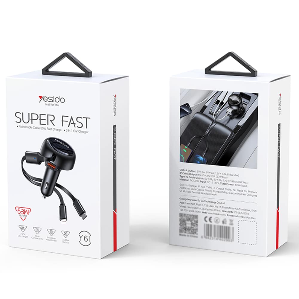 Yesido - Car Charger (y61) - With 2x Telescopic Retractable Καλώδιο Type-C/lightning, Fast Charging, USB-A, 53w - Black - Image 6