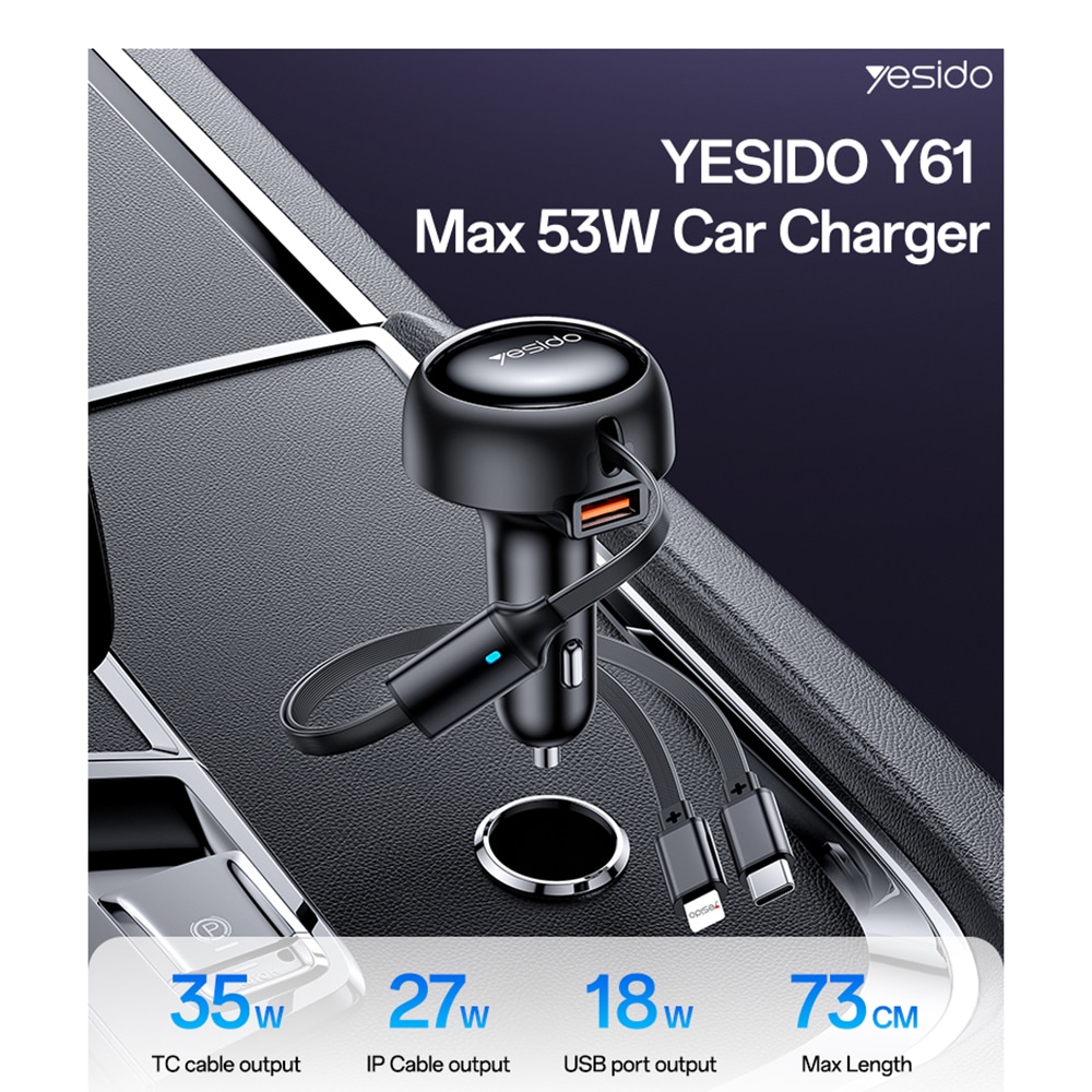 Yesido - Car Charger (y61) - With 2x Telescopic Retractable Καλώδιο Type-C/lightning, Fast Charging, USB-A, 53w - Black - Image 2
