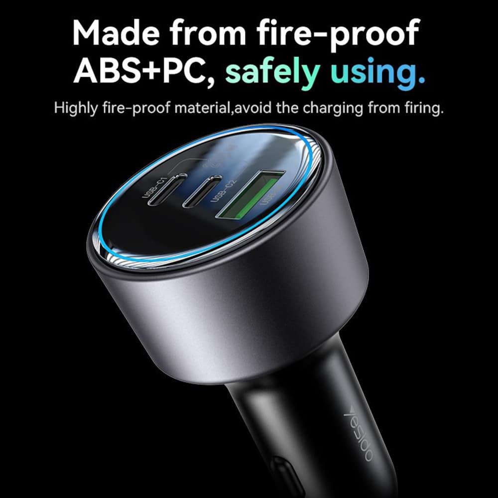 Yesido - Car Charger (y59) - 2x Type-C, USB-A, 200w, Fast Charging, Multi Protection, Built-In Colorful Light - Black - Image 2