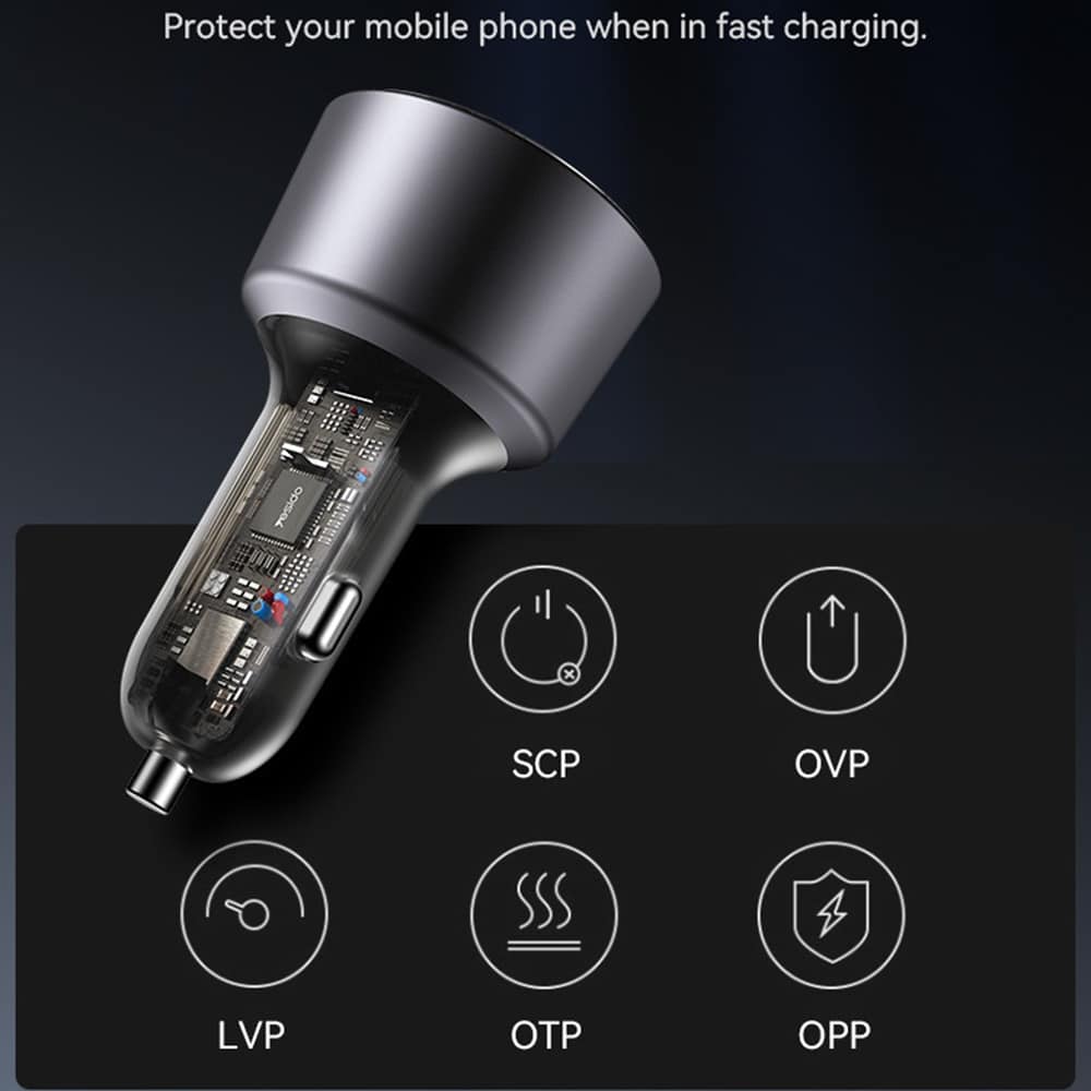 Yesido - Car Charger (y59) - 2x Type-C, USB-A, 200w, Fast Charging, Multi Protection, Built-In Colorful Light - Black - Image 10