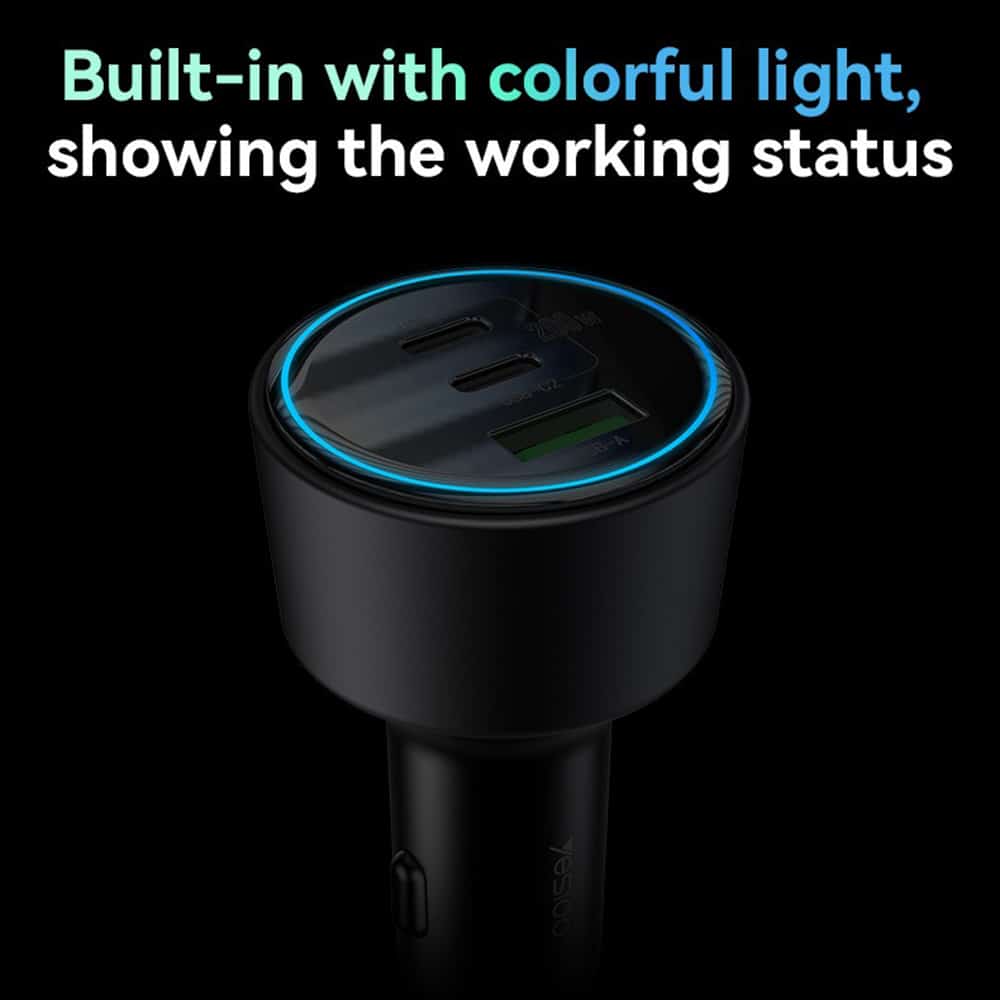 Yesido - Car Charger (y59) - 2x Type-C, USB-A, 200w, Fast Charging, Multi Protection, Built-In Colorful Light - Black - Image 5
