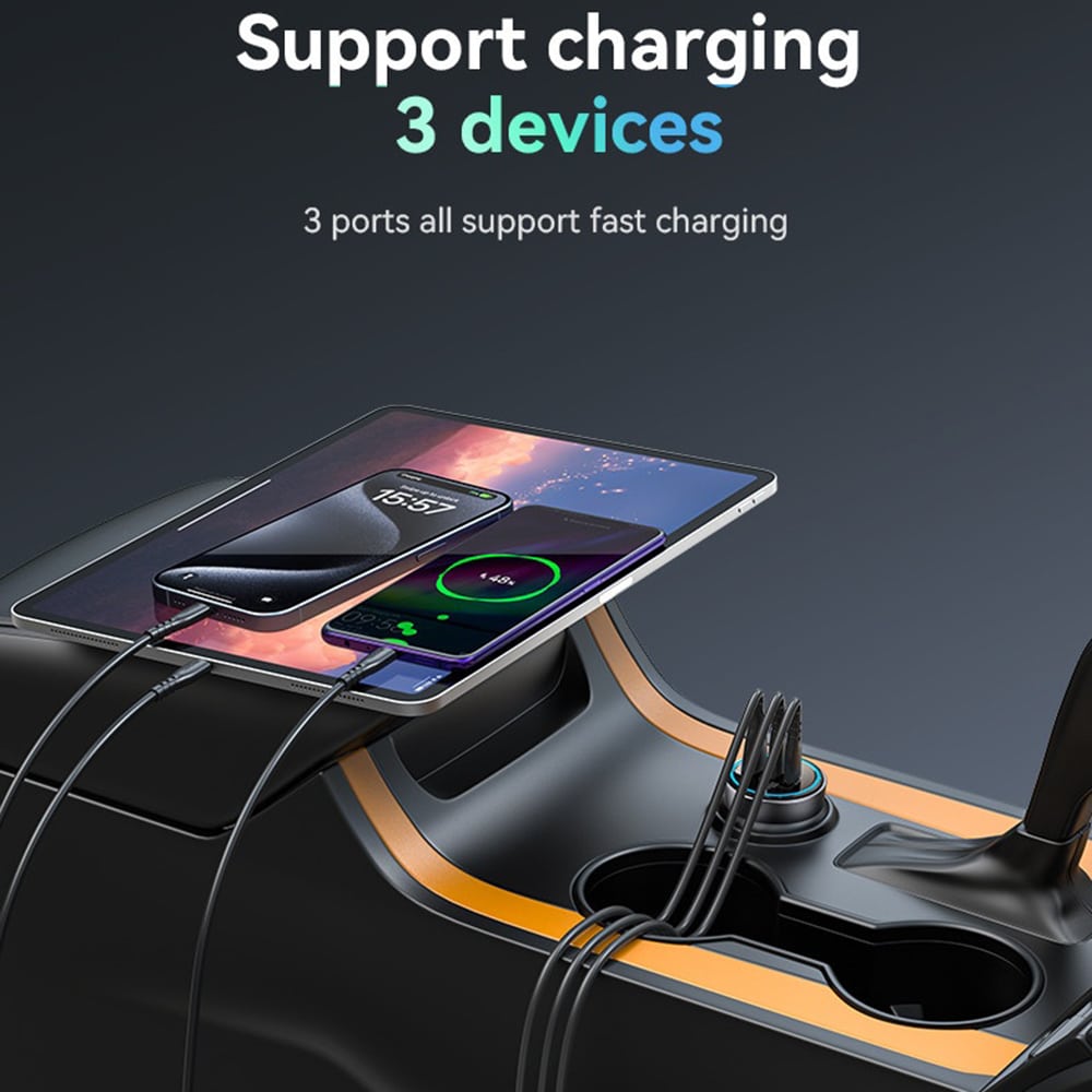 Yesido - Car Charger (y59) - 2x Type-C, USB-A, 200w, Fast Charging, Multi Protection, Built-In Colorful Light - Black - Image 4