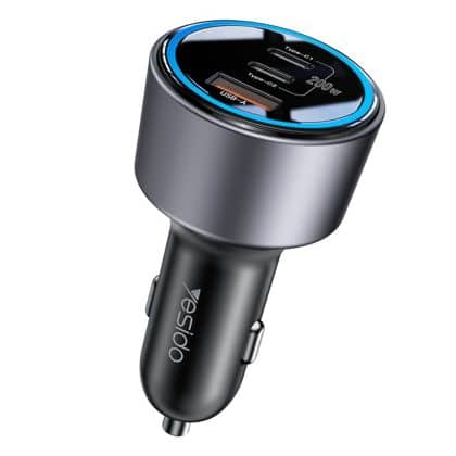 Yesido - Car Charger (y59) - 2x Type-C, USB-A, 200w, Fast Charging, Multi Protection, Built-In Colorful Light - Black