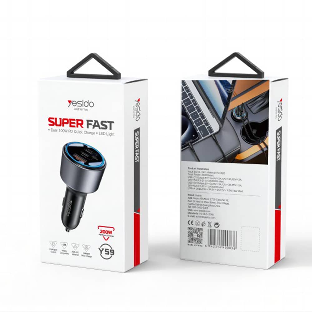 Yesido - Car Charger (y59) - 2x Type-C, USB-A, 200w, Fast Charging, Multi Protection, Built-In Colorful Light - Black - Image 12