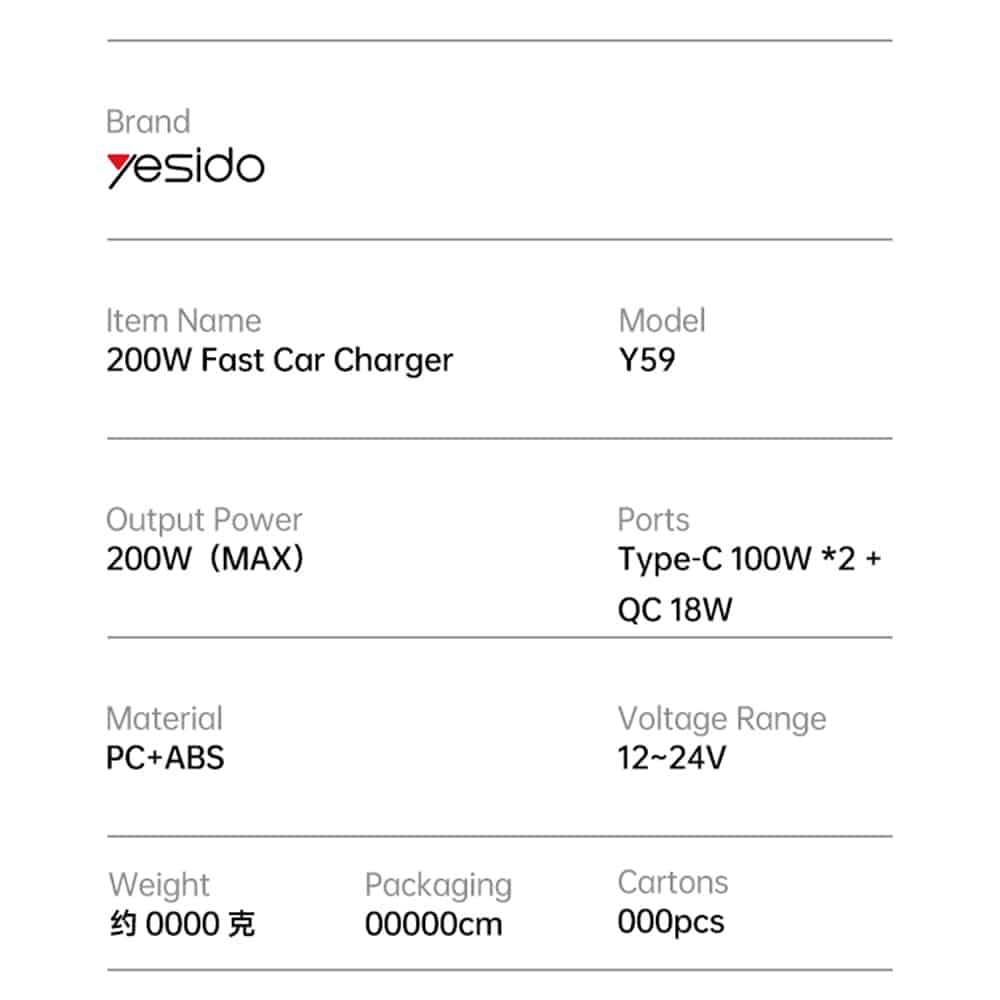 Yesido - Car Charger (y59) - 2x Type-C, USB-A, 200w, Fast Charging, Multi Protection, Built-In Colorful Light - Black - Image 11