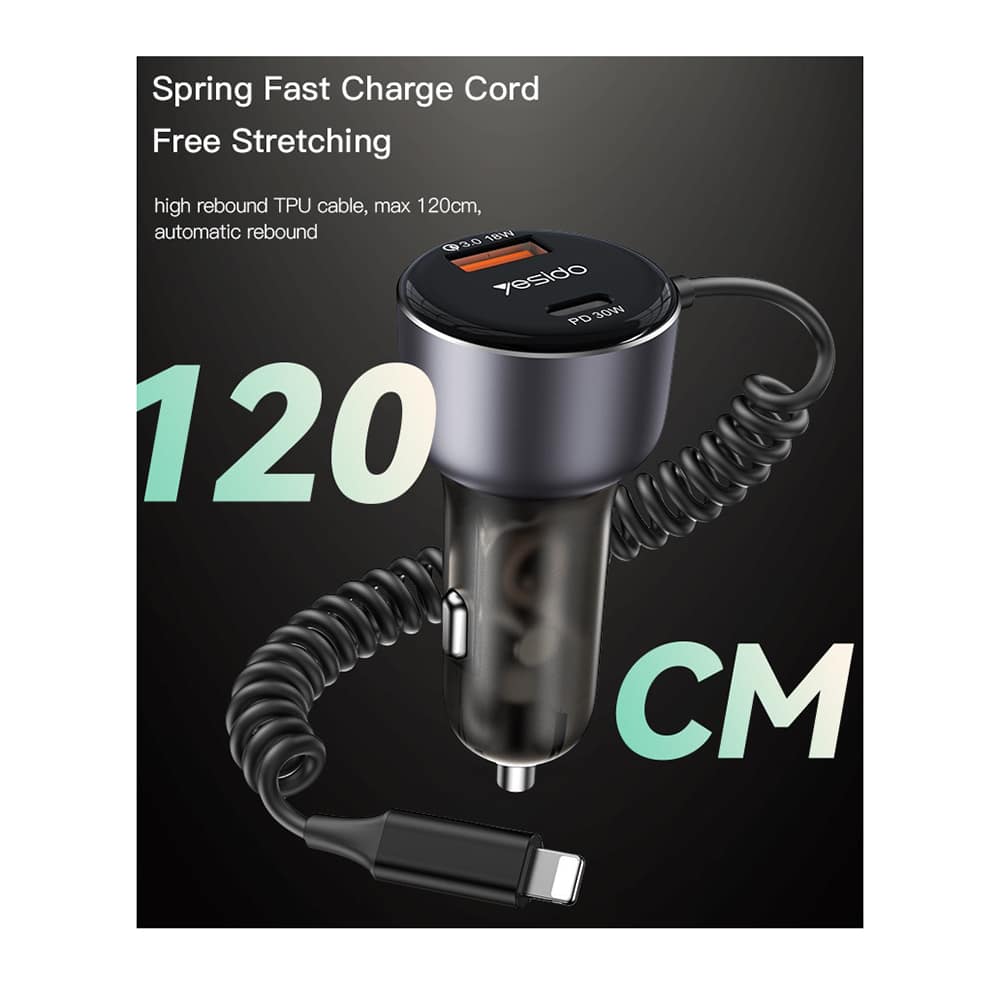 Yesido - Car Charger (y57) - With Lightning Spring Καλώδιο, Type-C/usb-A Ports, 50w, Fast Charging - Black - Image 3