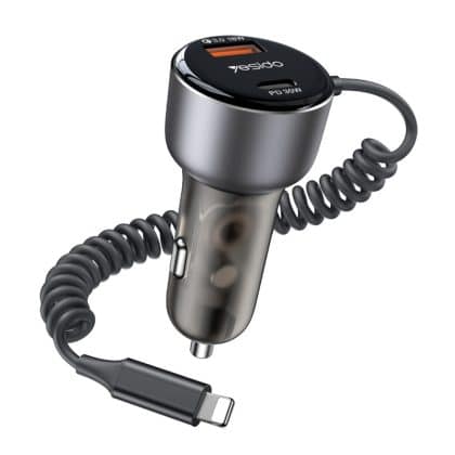 Yesido - Car Charger (y57) - With Lightning Spring Καλώδιο, Type-C/usb-A Ports, 50w, Fast Charging - Black