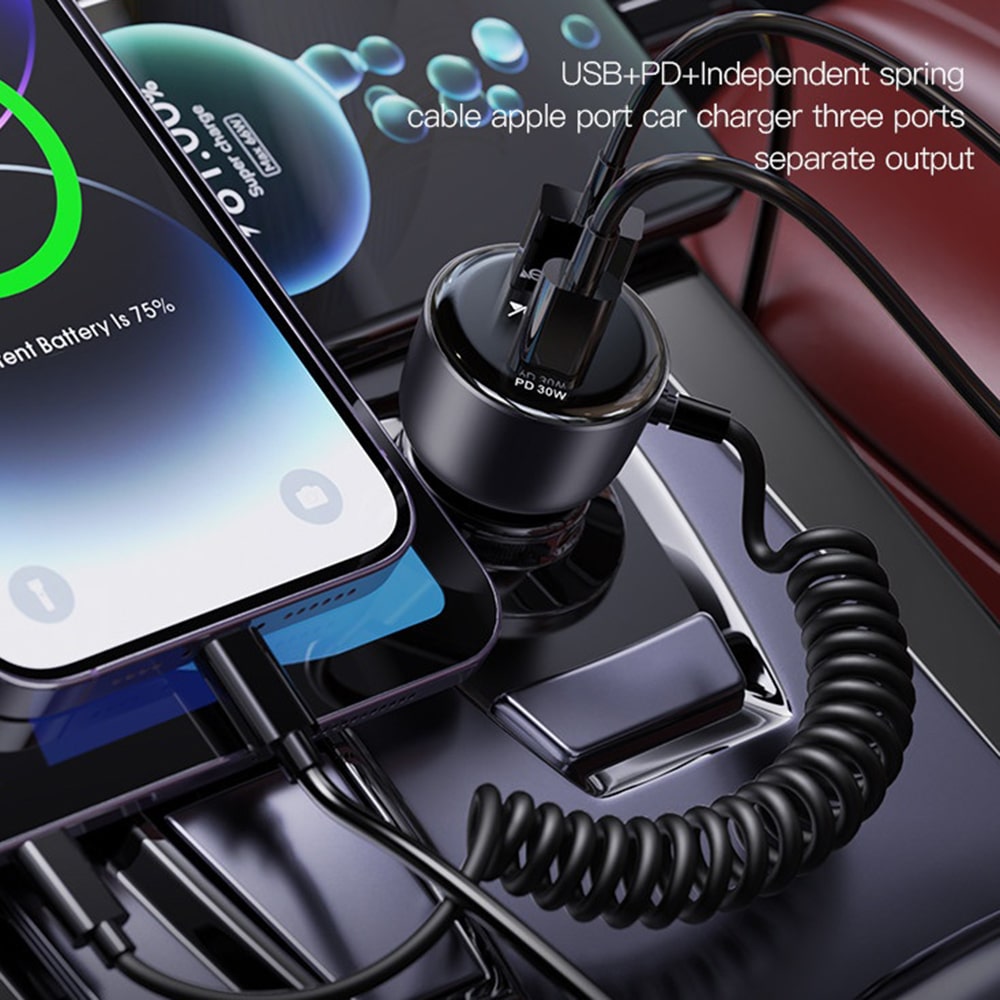 Yesido - Car Charger (y57) - With Lightning Spring Καλώδιο, Type-C/usb-A Ports, 50w, Fast Charging - Black - Image 5