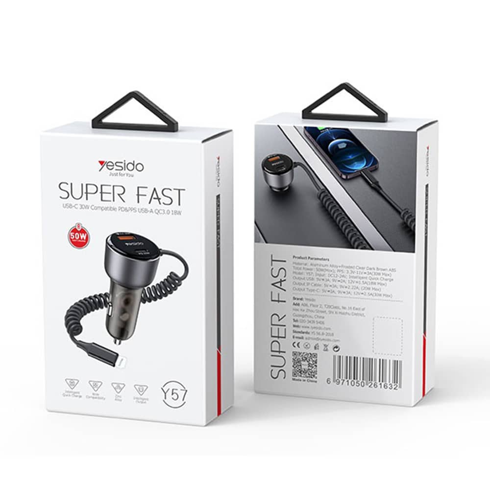 Yesido - Car Charger (y57) - With Lightning Spring Καλώδιο, Type-C/usb-A Ports, 50w, Fast Charging - Black - Image 9