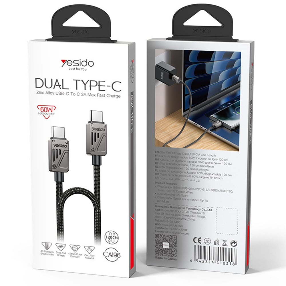Yesido - Data Καλώδιο (ca196) - Type-C To Type-C, Fast Charging, 480mbps, Pd60w, Carplay Compatible, Zinc Alloy, 1.2m - Black - Image 12