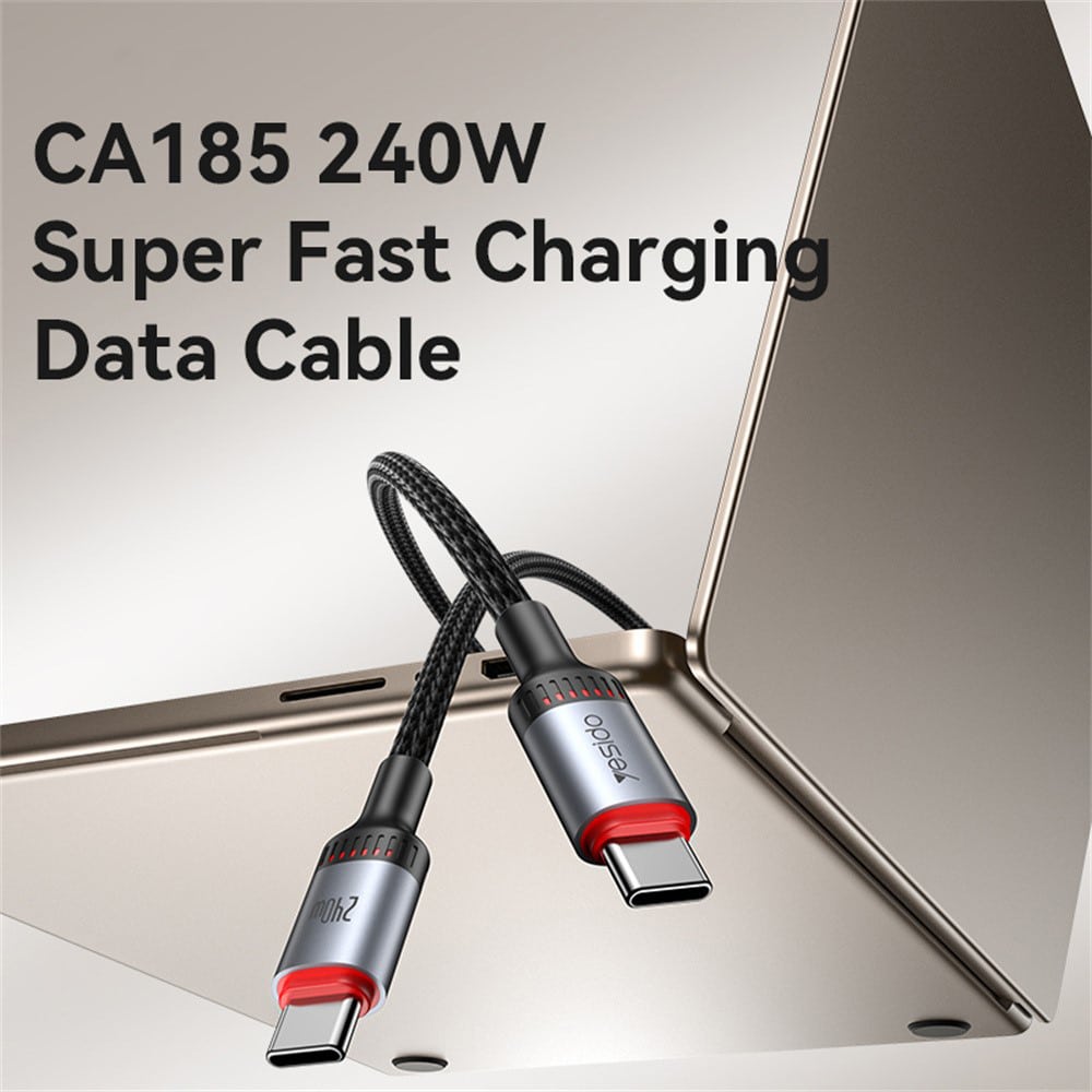 Yesido - Data Καλώδιο (ca185) - Type-C To Type-C, Fast Charging, 480mbps, 240w, 48v/5a, E-Mark Chip, Nylon Braided, 1.2m - Black - Image 2