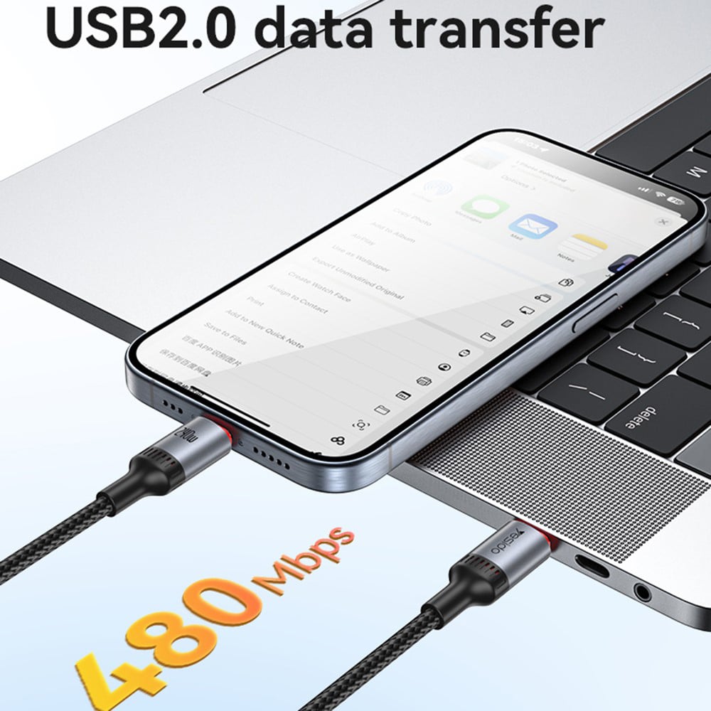 Yesido - Data Καλώδιο (ca185) - Type-C To Type-C, Fast Charging, 480mbps, 240w, 48v/5a, E-Mark Chip, Nylon Braided, 1.2m - Black - Image 3