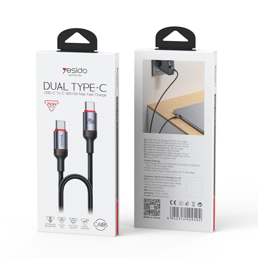 Yesido - Data Καλώδιο (ca185) - Type-C To Type-C, Fast Charging, 480mbps, 240w, 48v/5a, E-Mark Chip, Nylon Braided, 1.2m - Black - Image 8