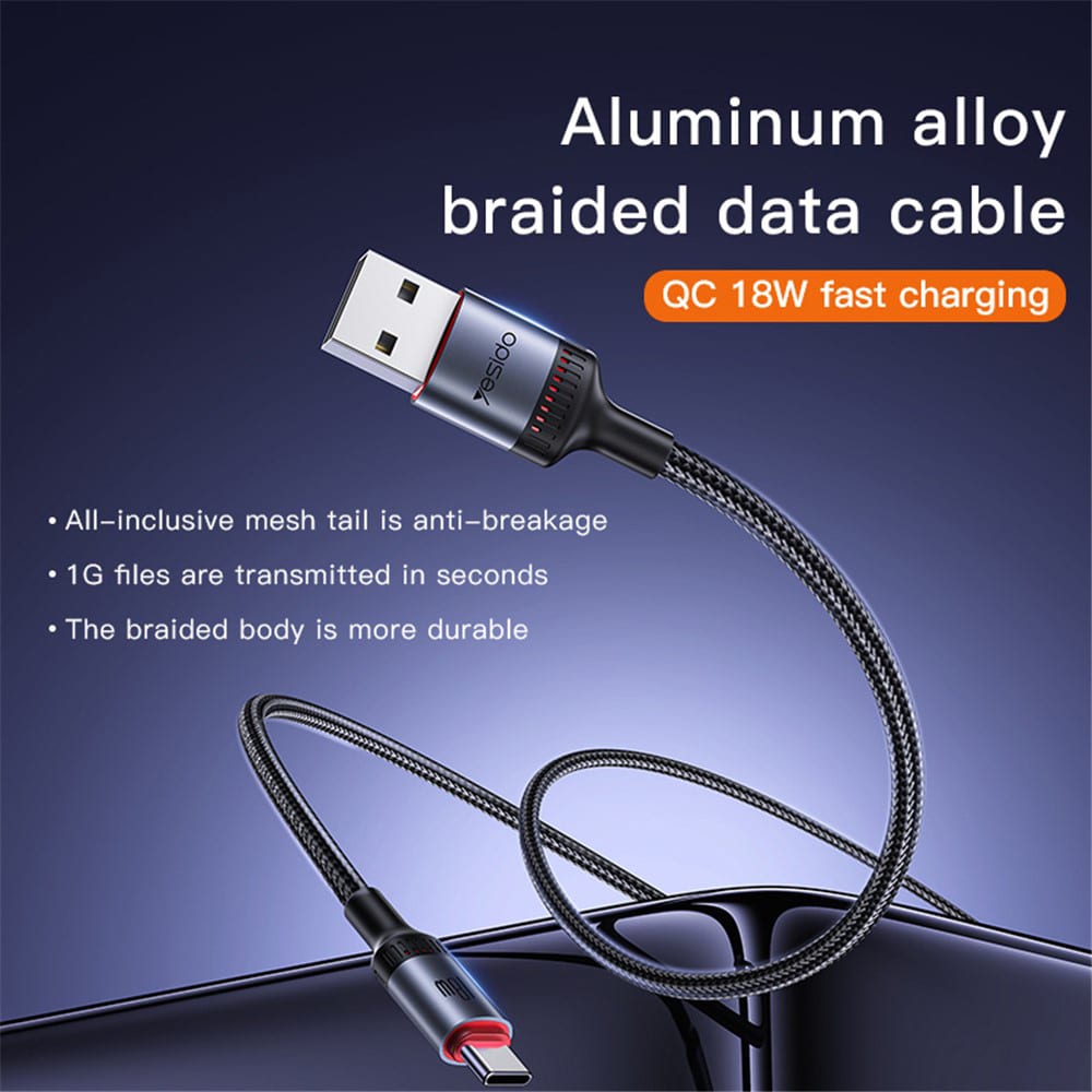 Yesido - Data Καλώδιο (ca130c) - USB To Type-C, Fast Charge, 18w, 3a, 480mbps, Carplay Compatible, Aluminum Alloy, 2m - Black - Image 2
