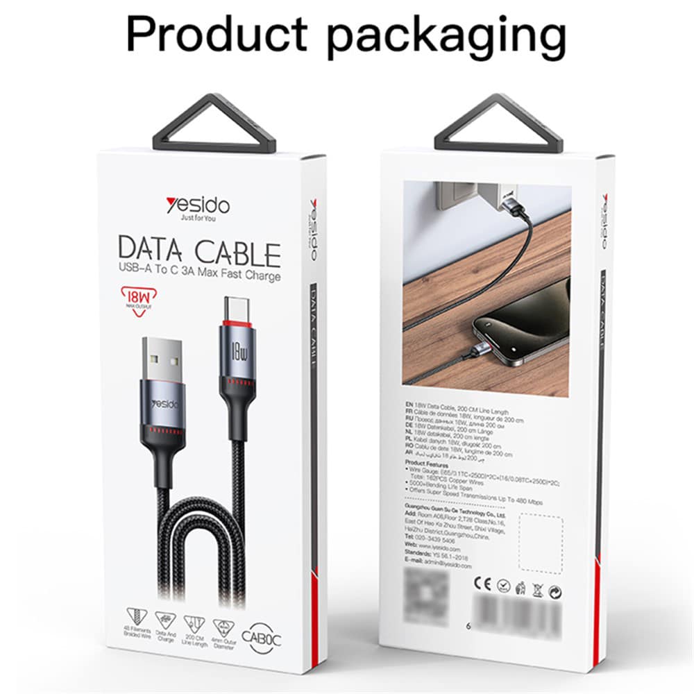 Yesido - Data Καλώδιο (ca130c) - USB To Type-C, Fast Charge, 18w, 3a, 480mbps, Carplay Compatible, Aluminum Alloy, 2m - Black - Image 6