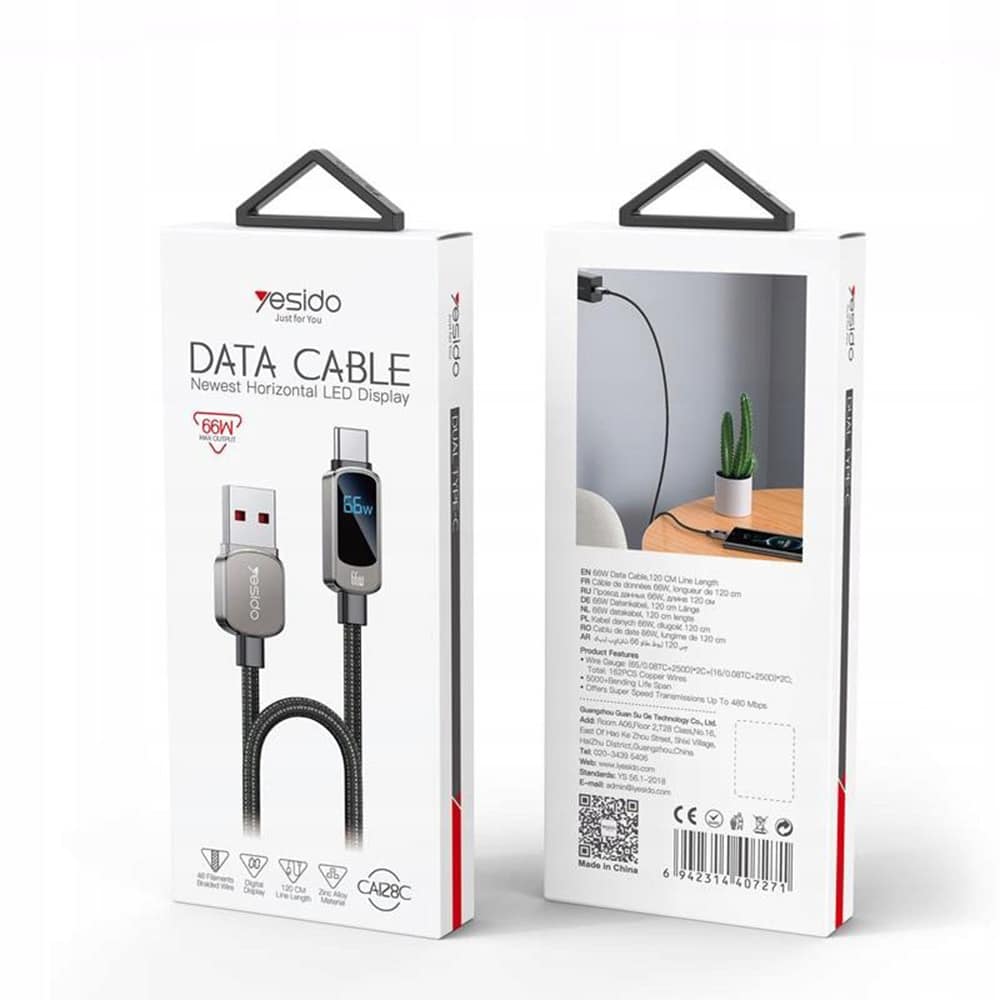 Yesido - Data Καλώδιο (ca128c) - With Led Power Display, USB To Type-C, Fast Charge, 66w, 5a, 480mbps, 1.2m - Black - Image 3